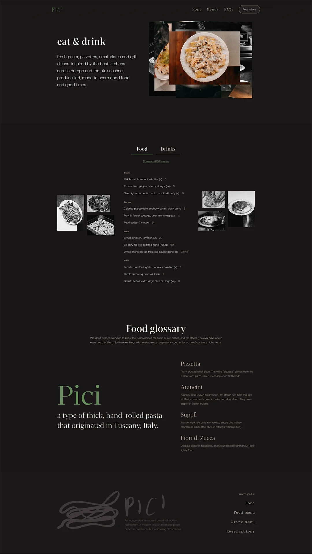 Pici menu page full-length design
