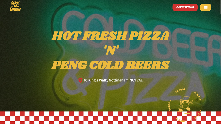 Slice 'n' Brew website hero section highlighting the atmosphere